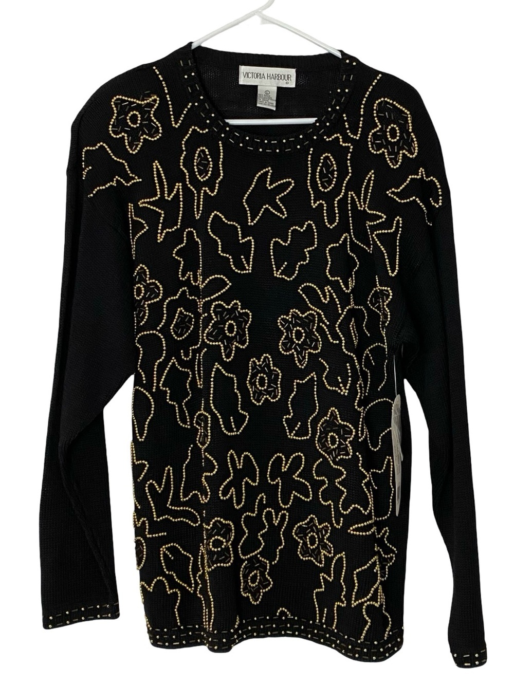 Vintage 90s Granny Sweater Womens Size Large Black Gold Beaded Tags Tunic - Picture 1 of 11